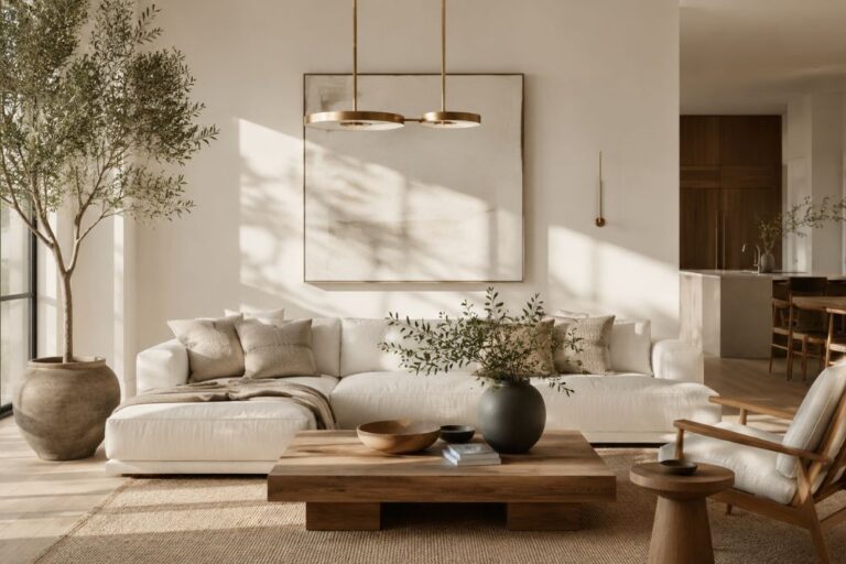 Sherwin Williams Shoji White painted living room with warm neutral décor