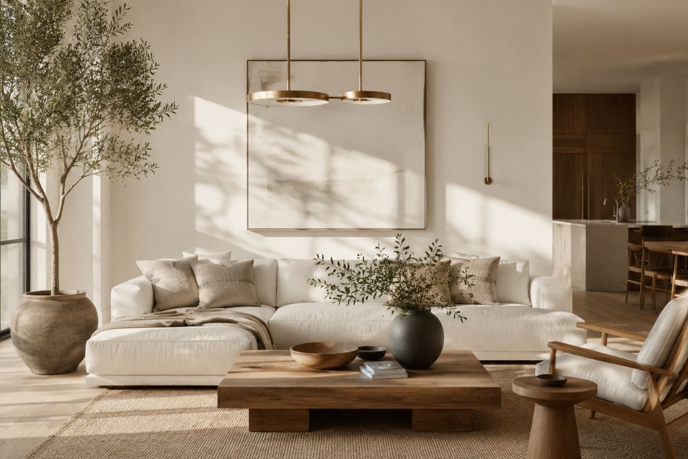 Sherwin Williams Shoji White painted living room with warm neutral décor