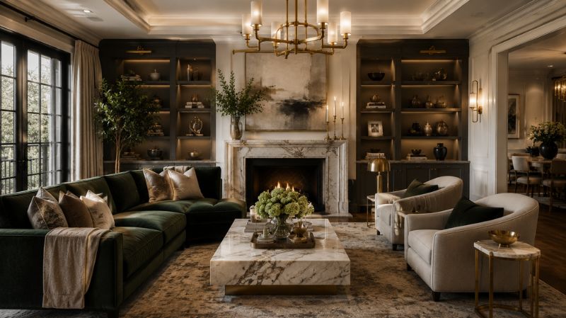 Luxury living room featuring built-in shelving and custom lighting