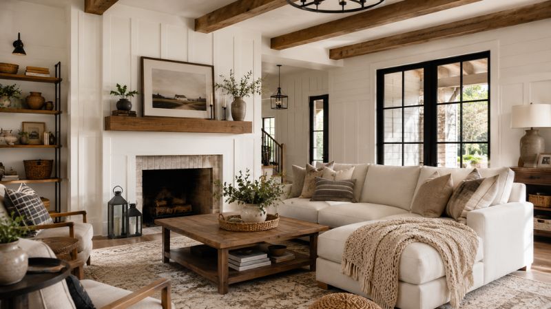 Modern farmhouse living room with wood beams and neutral colors