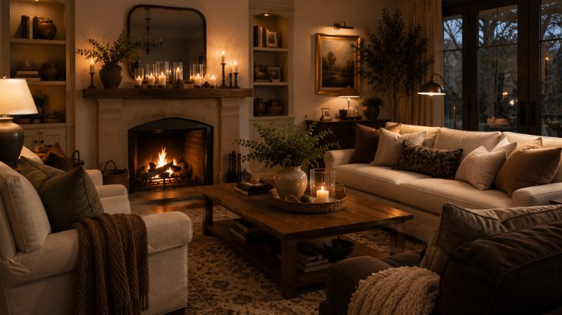 Cozy living room with candles and fireplace styling