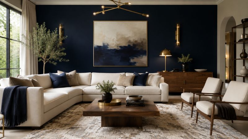Living room with dark navy accent wall and elegant furniture