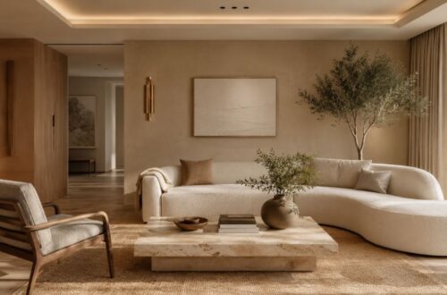 Modern interior design trends 2026 living room with warm earthy colors