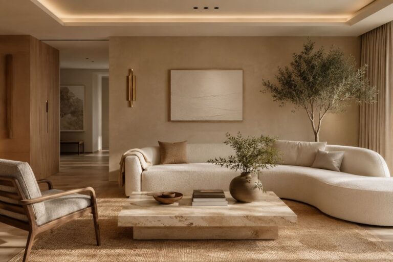 Modern interior design trends 2026 living room with warm earthy colors