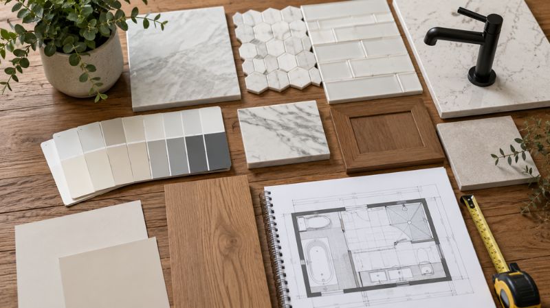 Bathroom renovation planning with samples and layout drawings