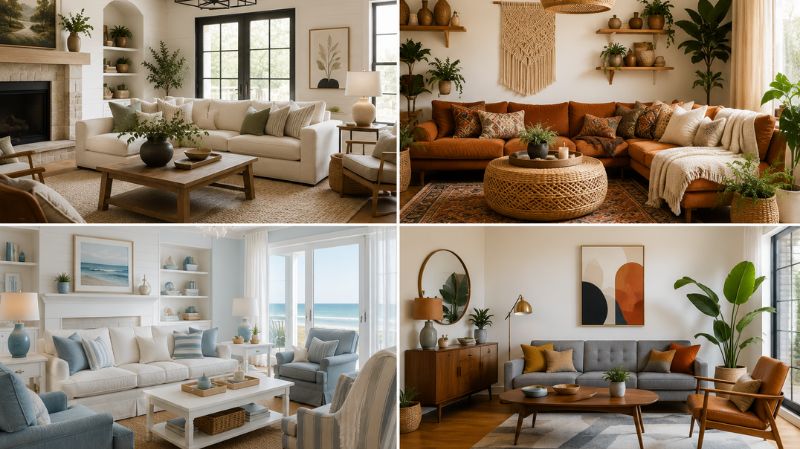 Collection of farmhouse, bohemian, and coastal living room designs