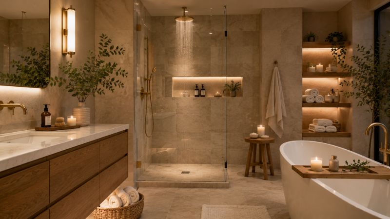 Spa-inspired bathroom with wood and plants