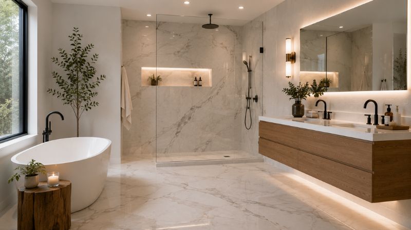 Bathroom with marble porcelain flooring