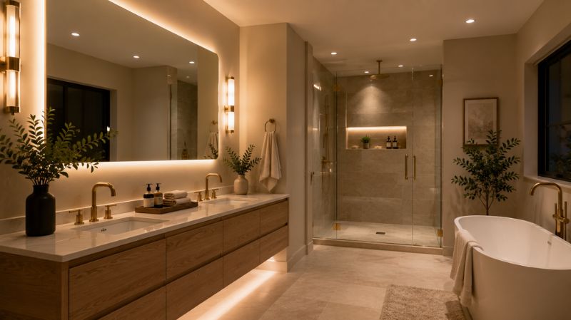 Modern bathroom with layered lighting