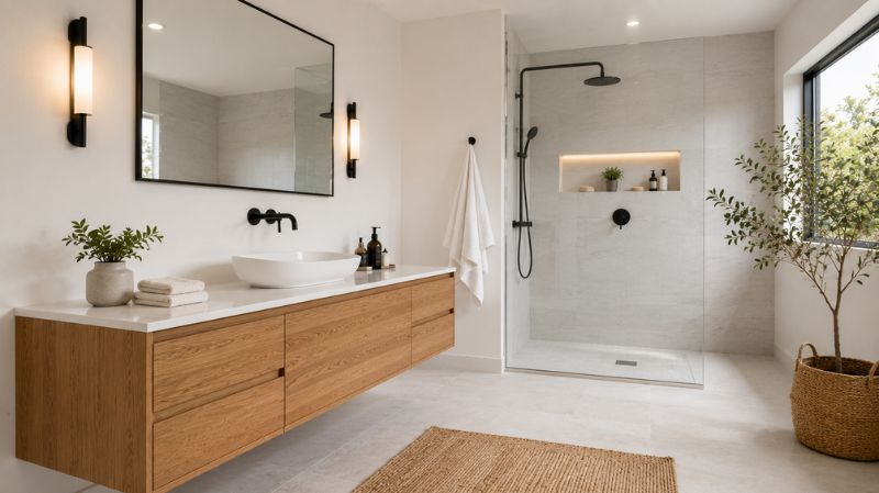 Floating wood vanity with quartz countertop