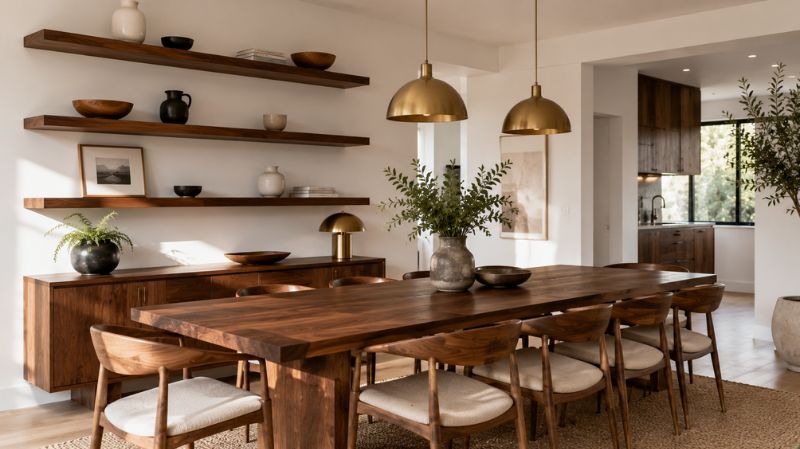 Luxury walnut dining table and walnut cabinetry