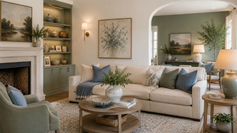 Living room showcasing white, sage green, and blue paint colors