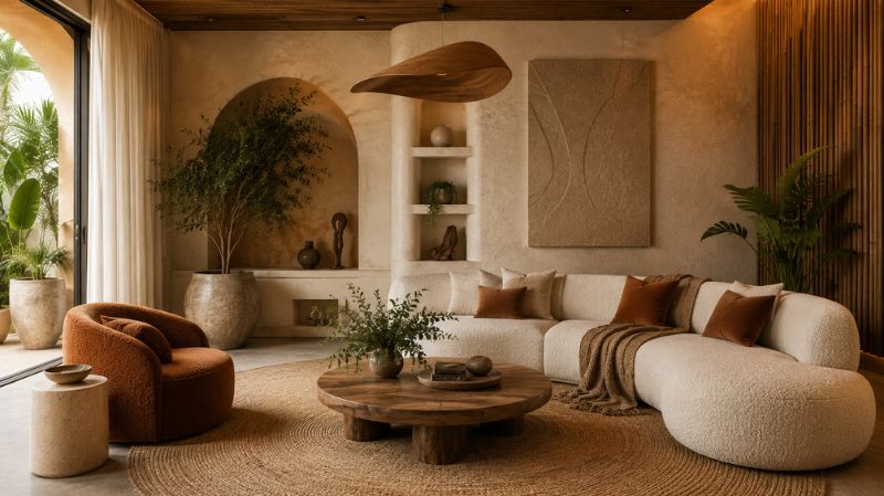 Trendy living room with curved furniture and earth-tone palette
