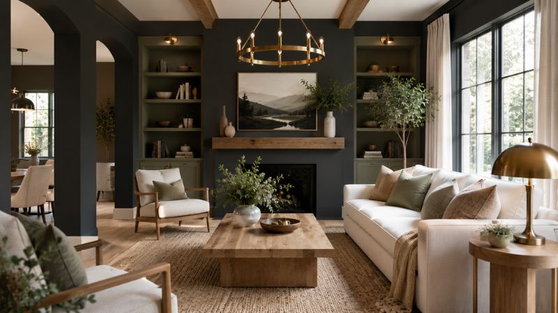 Charcoal walls paired with white, sage green, and natural wood decor