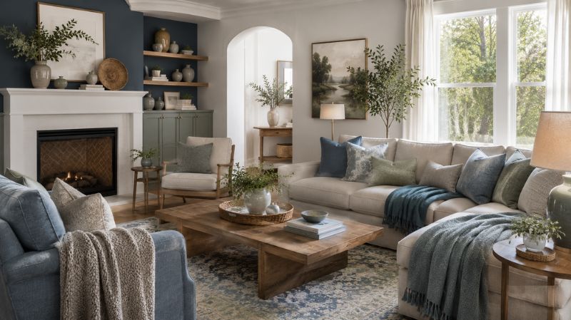 Cozy living room designed with calming blue and green tones
