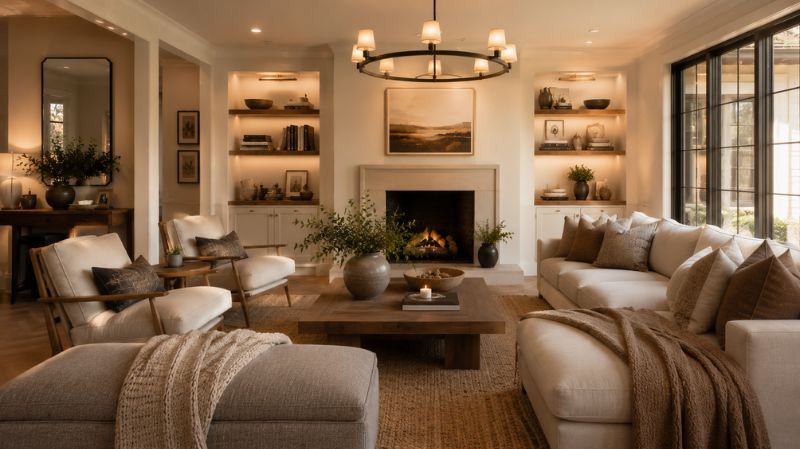 Modern keeping room featuring built-in shelving and neutral decor