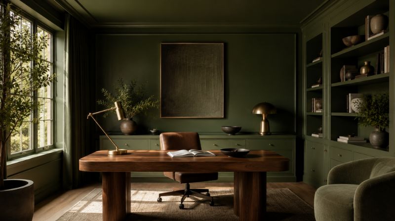 Olive green color drenched home office