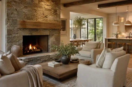 Cozy keeping room with fireplace located beside a modern farmhouse kitchen