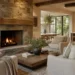 Cozy keeping room with fireplace located beside a modern farmhouse kitchen