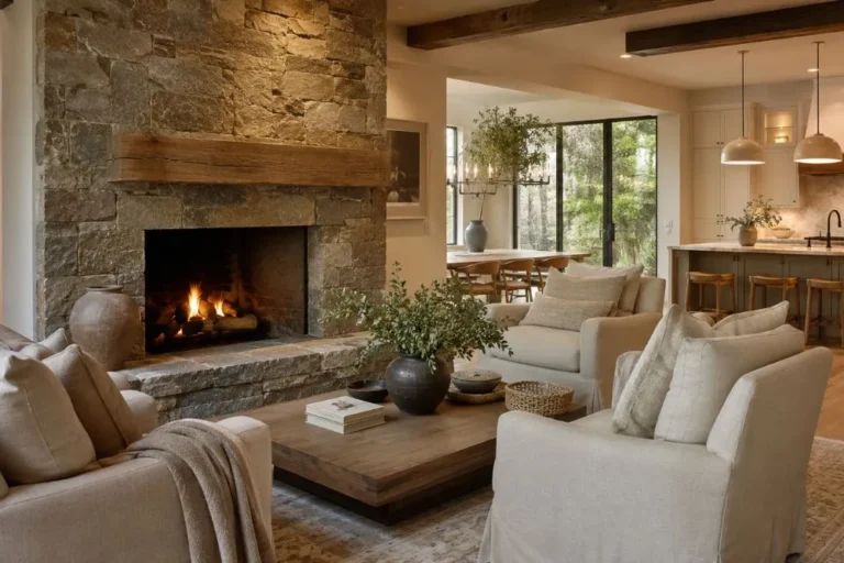 Cozy keeping room with fireplace located beside a modern farmhouse kitchen