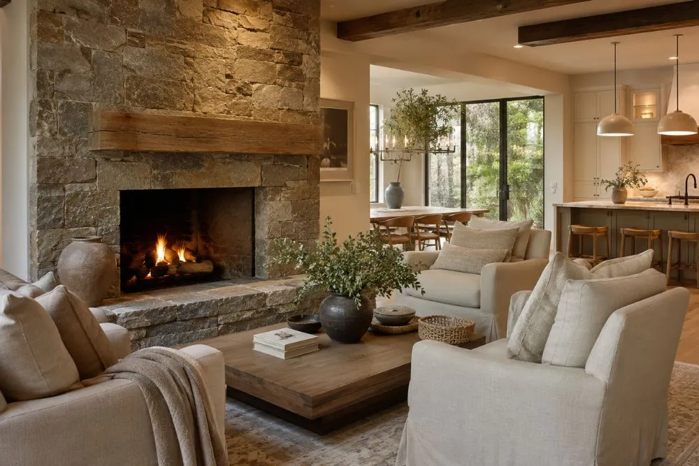 Cozy keeping room with fireplace located beside a modern farmhouse kitchen