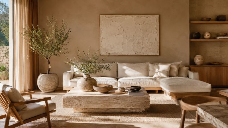 Organic modern living room with natural materials and earthy colors
