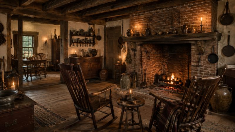 Colonial American keeping room with hearth and traditional wooden furniture