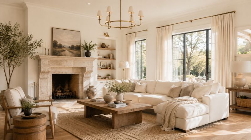 Warm white painted living room with natural wood and elegant décor