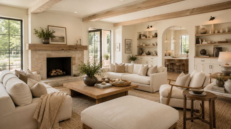 Keeping room painted in Sherwin Williams Alabaster with neutral furnishings
