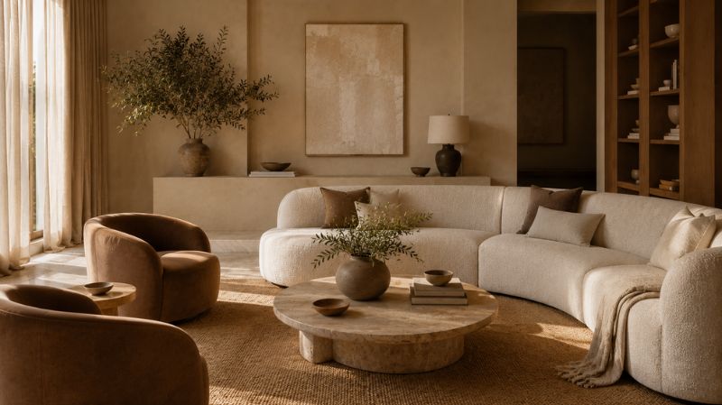 Modern curved sofa in neutral living room