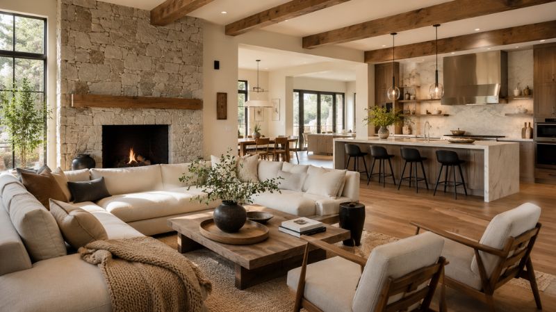 Modern family enjoying a keeping room beside an open-concept kitchen