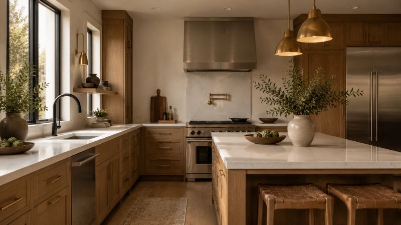 Kitchen using brass and black hardware