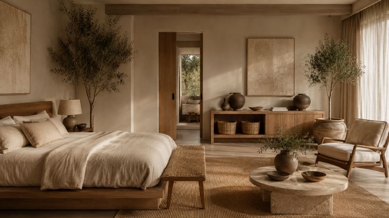 Living room with natural wood, linen and stone decor