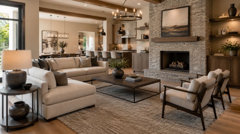 Elegant living room showcasing a luxury wool rug beneath designer furniture