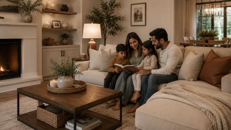 Family relaxing in a beautifully decorated living room