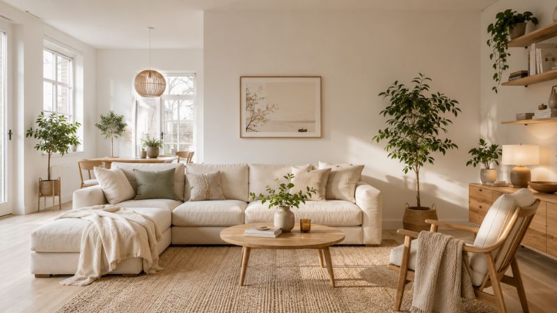 Scandinavian living room with light wood furniture and cozy neutral décor