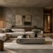 Brutalist interior with concrete walls, sculptural furniture, natural wood, and warm lighting