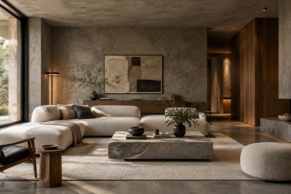 Brutalist interior with concrete walls, sculptural furniture, natural wood, and warm lighting