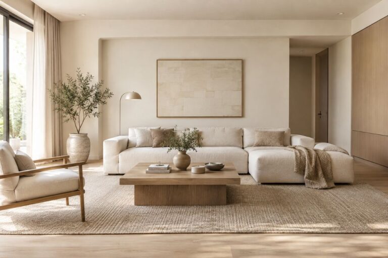 Minimalist home decor essentials in a warm, clutter-free living room