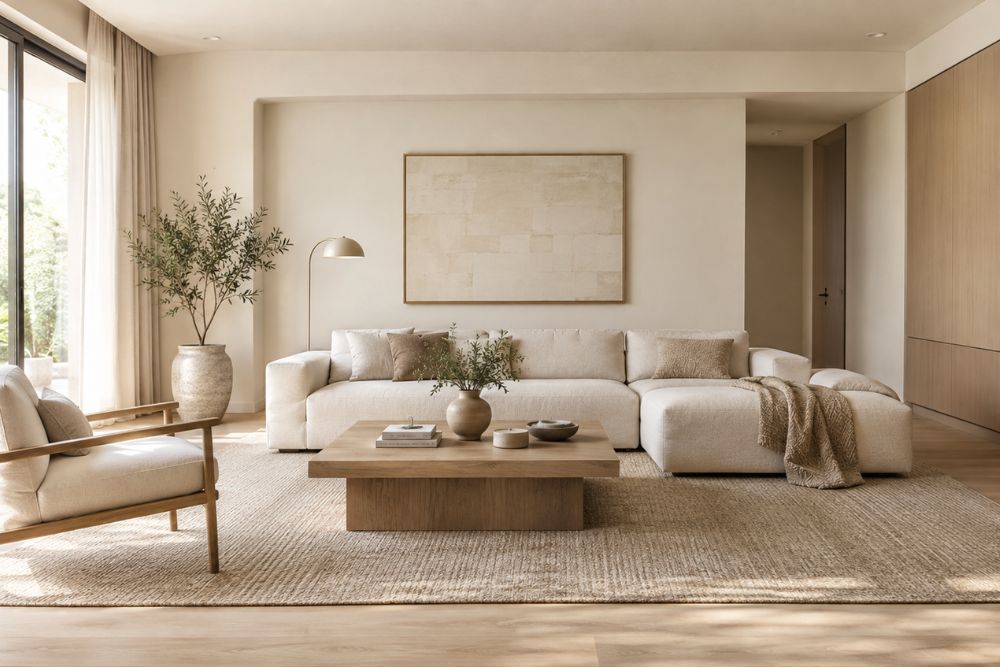 Minimalist home decor essentials in a warm, clutter-free living room