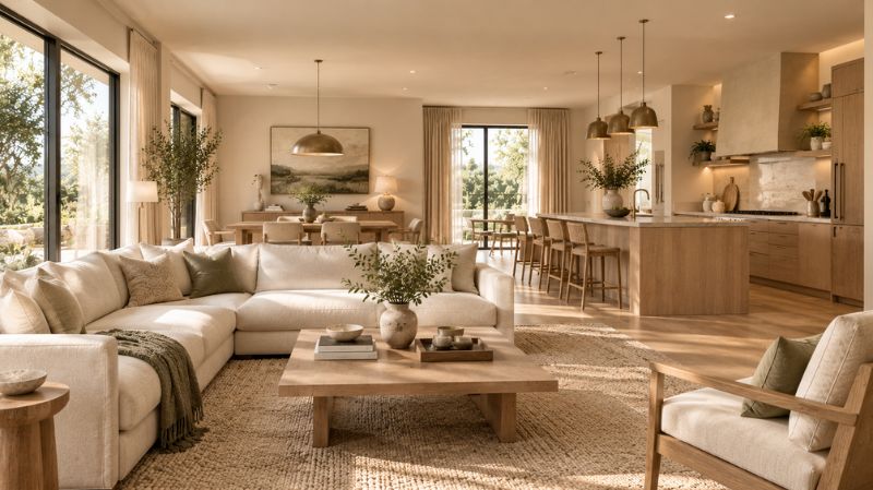 Consistent minimalist home color and material palette