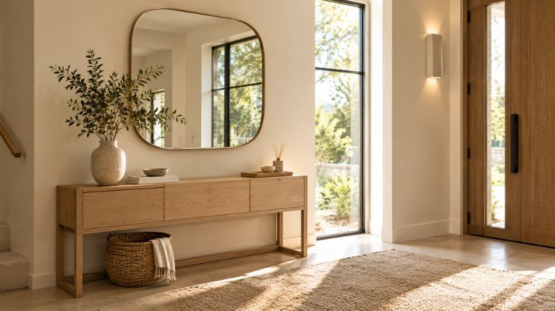 Minimalist entryway with large mirror reflecting natural daylight