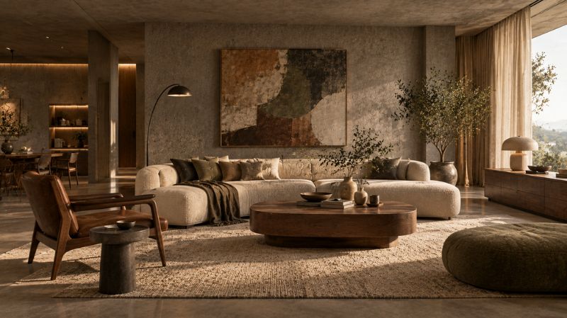 Soft Brutalist interior with concrete, walnut, linen, wool rug, plants, and warm lighting