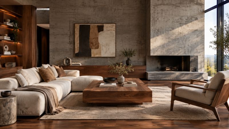 Brutalist interior combining concrete walls with warm walnut wood furniture