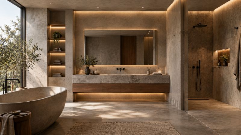 Brutalist bathroom with microcement walls, stone vanity, matte black fixtures, and warm lighting