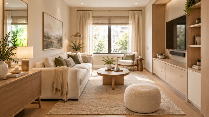 Small contemporary living room with functional furniture and open space