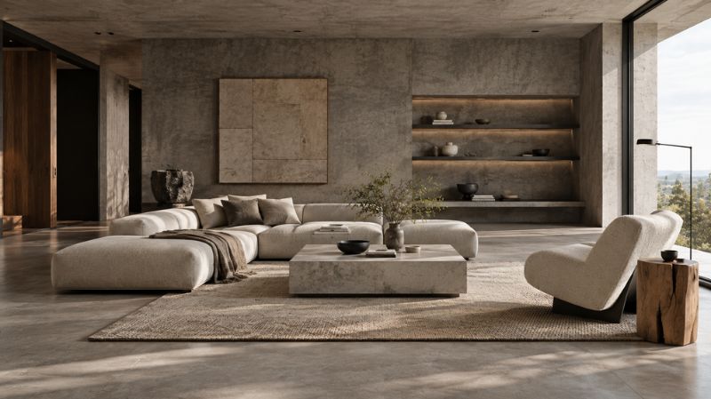 Brutalist living room with low-profile sculptural sofa and geometric coffee table