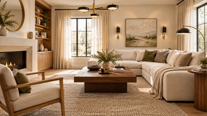 Warm contemporary living room with cream sofa and walnut furniture