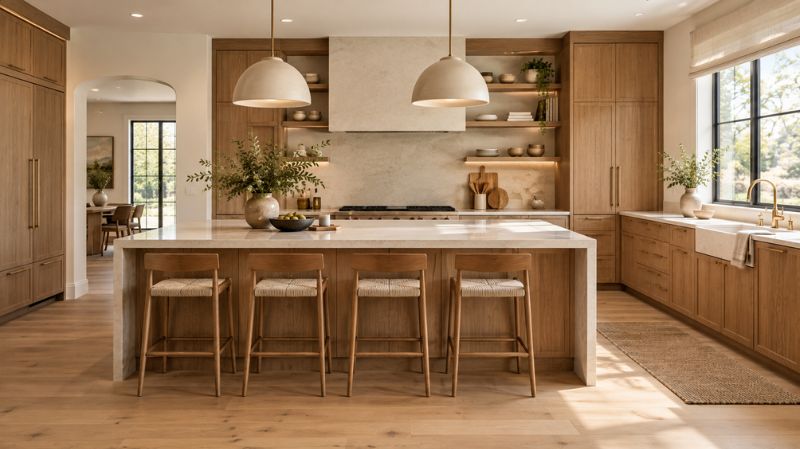 Contemporary kitchen with warm wood cabinets and stone surfaces