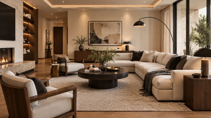 Contemporary interior with cream charcoal and walnut